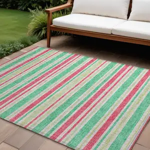 Photo of Green Striped Washable Non Skid Indoor Outdoor Area Rug