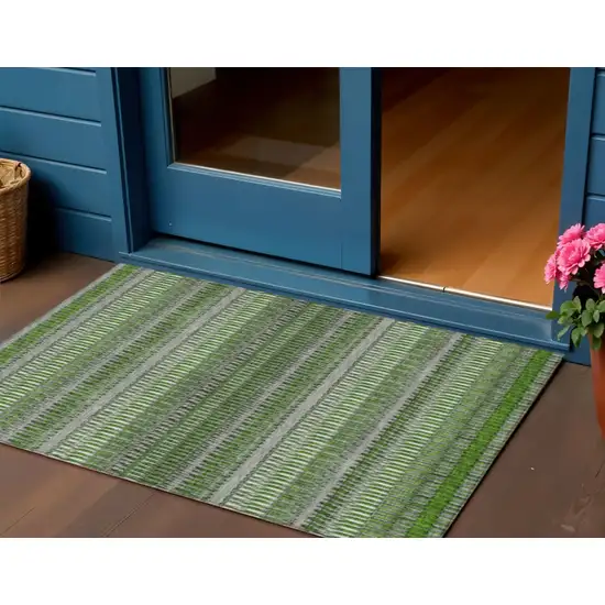 Green Striped Washable Non Skid Indoor Outdoor Area Rug Photo 1