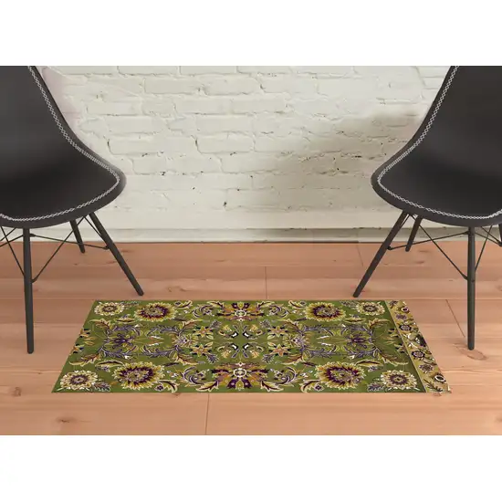 2'X3' Green Taupe Machine Woven Floral Traditional Indoor Accent Rug Photo 2