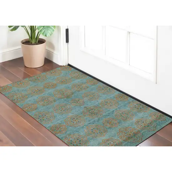 Green and Brown Floral Hand Knotted Worn Faded Area Rug Photo 1