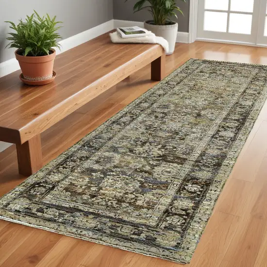 2' X 8' Green And Brown Floral Runner Rug Photo 1