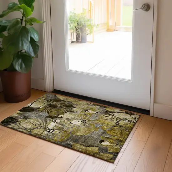 Green and Brown Floral Washable Non Skid Indoor Outdoor Area Rug Photo 7