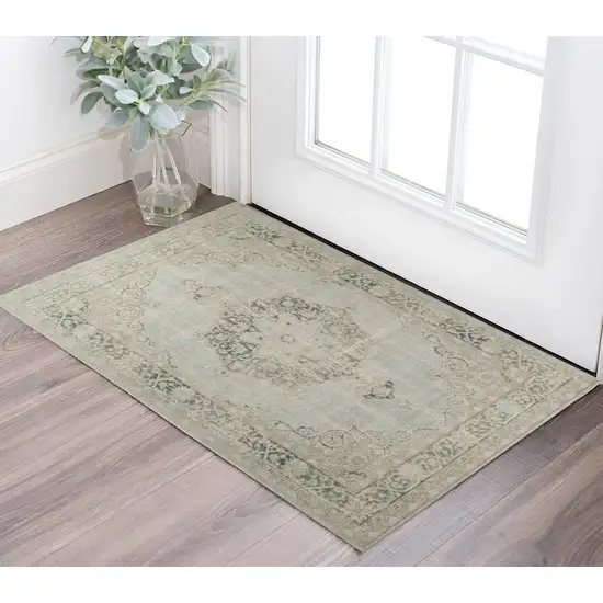 Ivory and Green Medallion Power Loom Worn Faded Area Rug Photo 1