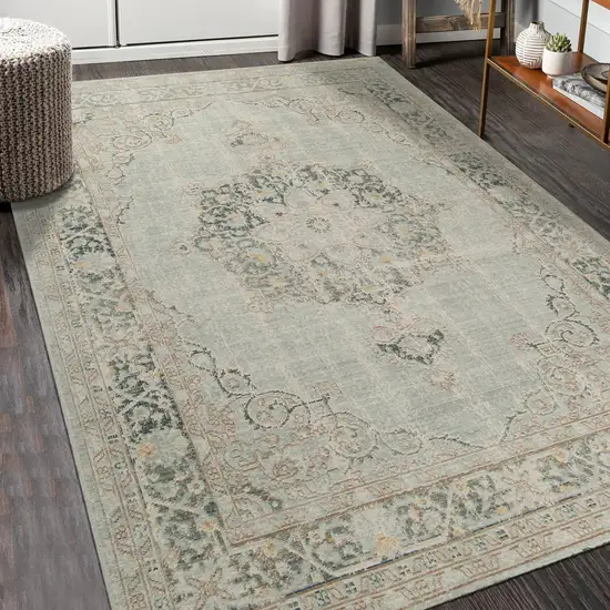 Green and Brown Medallion Power Loom Distressed Area Rug Photo 5