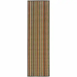 Photo of Green and Brown Striped Indoor Outdoor Runner Rug