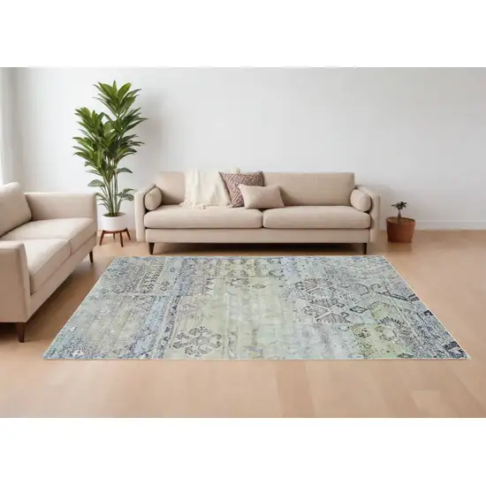 Green and Gray Abstract Power Loom Worn Faded Area Rug Photo 1