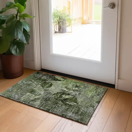 Green and Gray Floral Washable Non Skid Indoor Outdoor Area Rug Photo 9