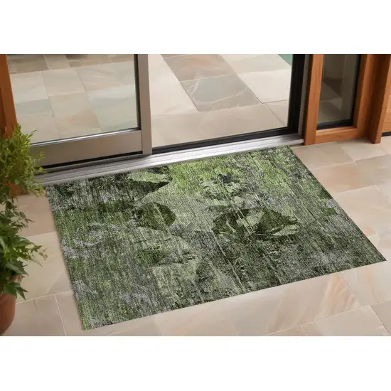 Green and Gray Floral Washable Non Skid Indoor Outdoor Area Rug Photo 1