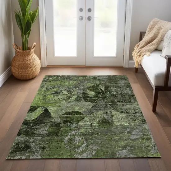 Green and Gray Abstract Washable Indoor Outdoor Area Rug Photo 8