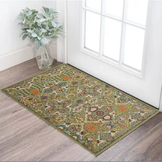 Green and Ivory Floral Power Loom Area Rug Photo 1