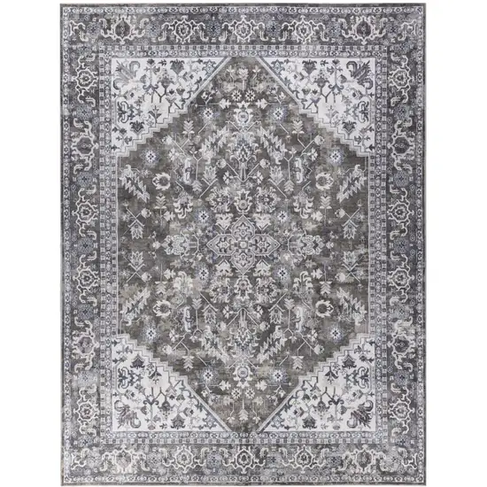 Green and Ivory Floral Power Loom Distressed Washable Area Rug Photo 1