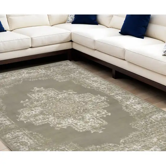 Green and Ivory Medallion Power Loom Distressed Area Rug Photo 1