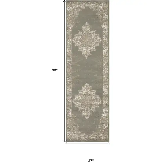 Green and Ivory Medallion Power Loom Distressed Runner Rug Photo 3