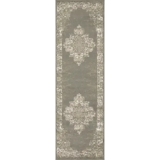 Green and Ivory Medallion Power Loom Distressed Runner Rug Photo 2