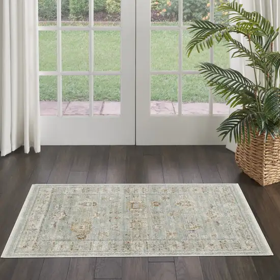 Green and Ivory Oriental Power Loom Distressed Area Rug With Fringe Photo 6