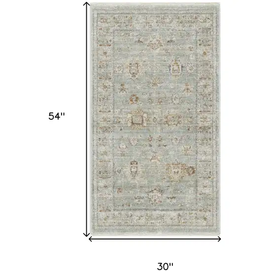 Green and Ivory Oriental Power Loom Distressed Area Rug With Fringe Photo 3