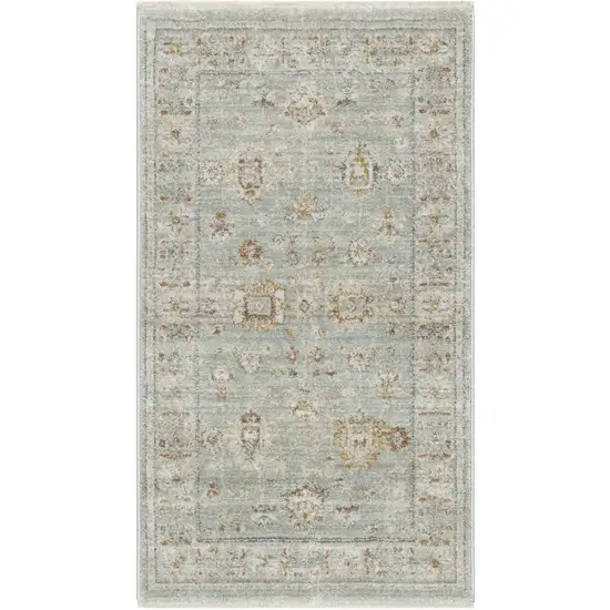 Green and Ivory Oriental Power Loom Distressed Area Rug With Fringe Photo 2