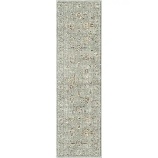 Green and Ivory Oriental Power Loom Distressed Runner Rug With Fringe Photo 2