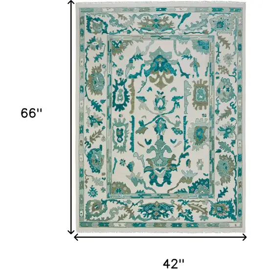 Green and Ivory Wool Floral Hand Knotted Area Rug With Fringe Photo 3