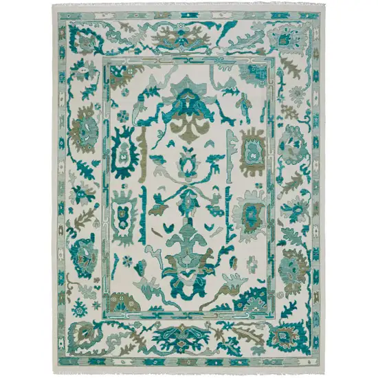 Green and Ivory Wool Floral Hand Knotted Area Rug With Fringe Photo 2