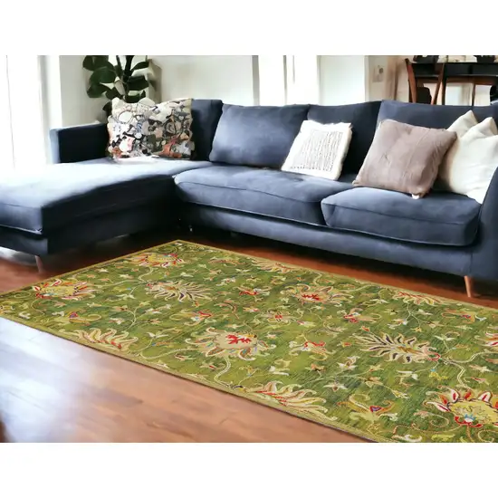 Green and Ivory Wool Floral Handmade Area Rug Photo 1