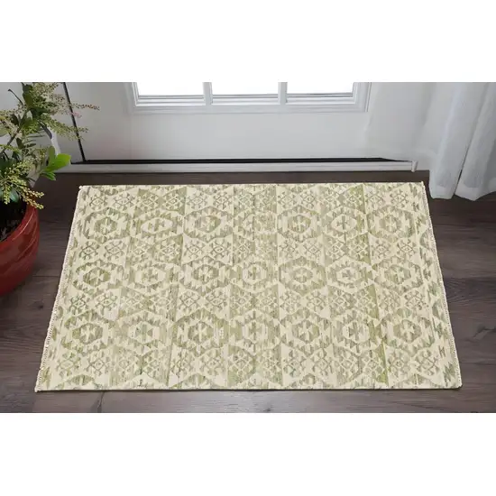 Green and Ivory Wool Southwestern Hand Knotted Area Rug Photo 1