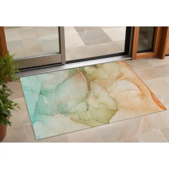 Green and Pink Abstract Washable Non Skid Indoor Outdoor Area Rug Photo 1