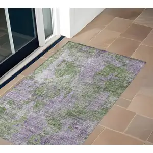 Photo of Green and Purple Abstract Washable Non Skid Indoor Outdoor Area Rug