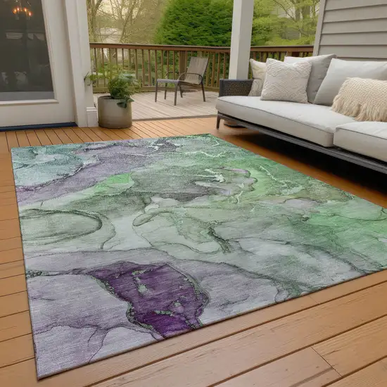 Green and Purple Abstract Washable Non Skid Indoor Outdoor Area Rug Photo 9