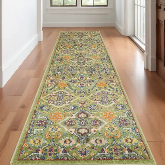 Green and Red Floral Power Loom Runner Rug Photo 1