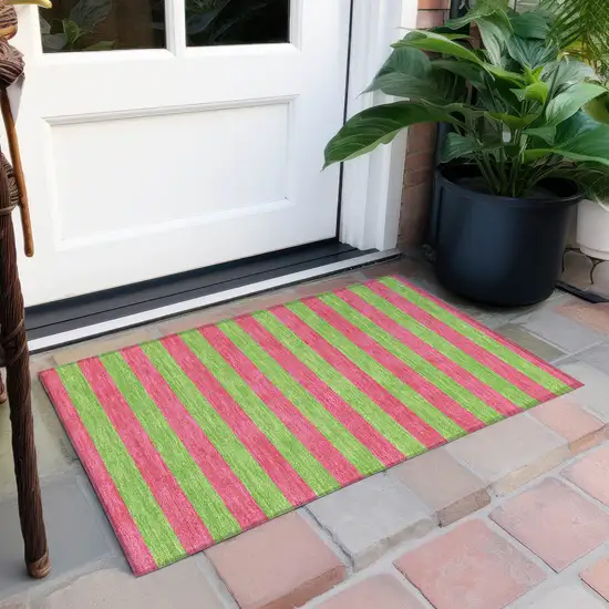 Green and Red Striped Washable Non Skid Indoor Outdoor Area Rug Photo 8