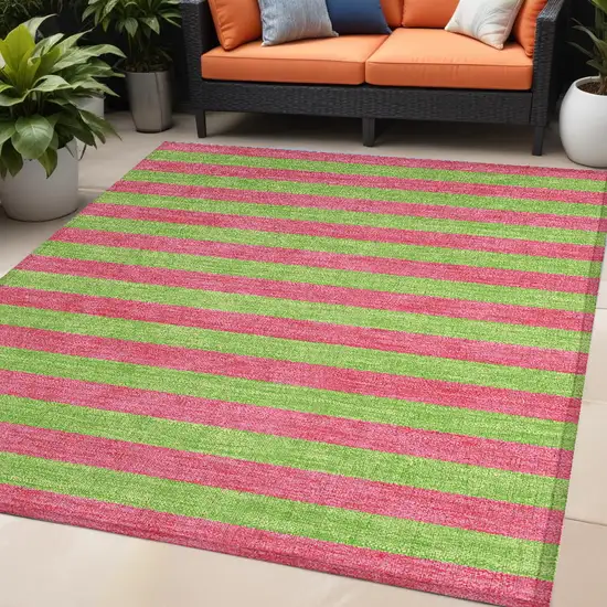 Green and Red Striped Washable Non Skid Indoor Outdoor Area Rug Photo 1