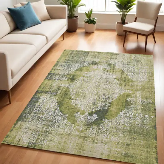 Green and White Oriental Non Skid Area Rug Photo 1