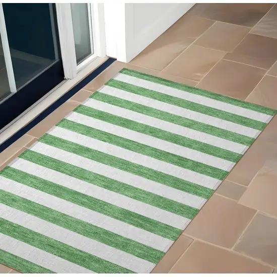 Green and White Striped Washable Indoor Outdoor Area Rug Photo 1