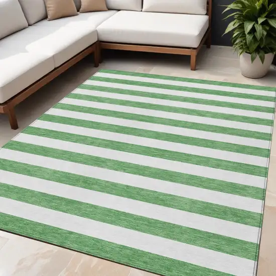 Green and White Striped Washable Indoor Outdoor Area Rug Photo 1