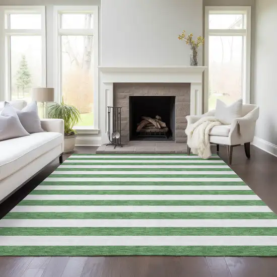 Green and White Striped Washable Indoor Outdoor Area Rug Photo 9