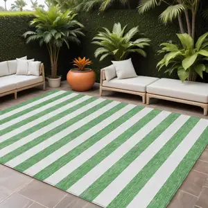 Photo of Green and White Striped Washable Non Skid Indoor Outdoor Area Rug