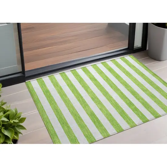 Lime Green and White Striped Washable Indoor Outdoor Area Rug Photo 1