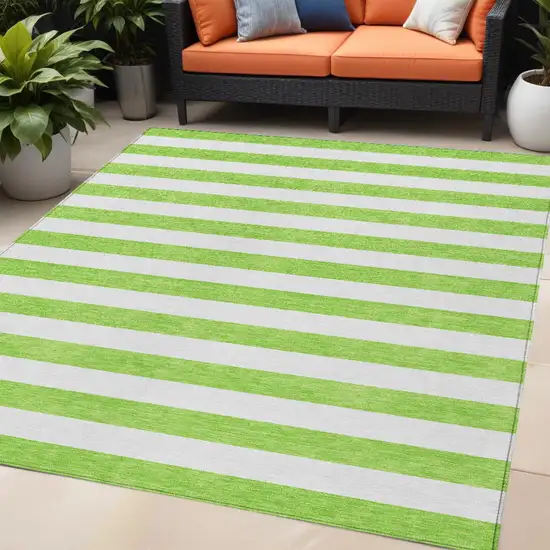 Green and White Striped Washable Non Skid Indoor Outdoor Area Rug Photo 1