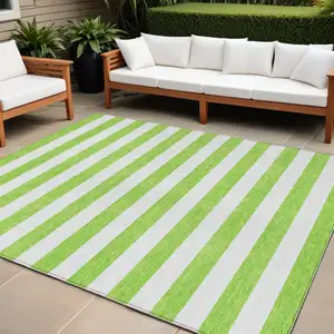 Photo of Green and White Striped Washable Non Skid Indoor Outdoor Area Rug