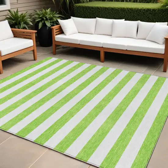 Green and White Striped Washable Non Skid Indoor Outdoor Area Rug Photo 1