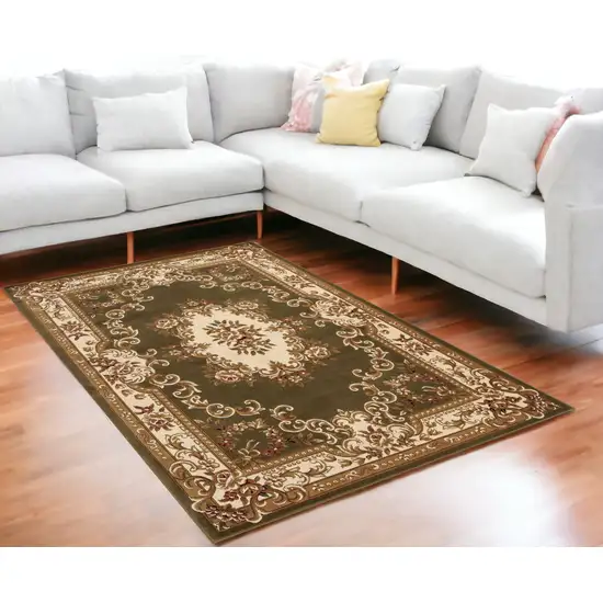 Green Or Ivory Floral Bordered Indoor Area Rug Photo 1