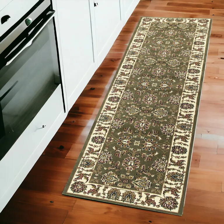 Green or Ivory Traditional Runner Rug Photo 4