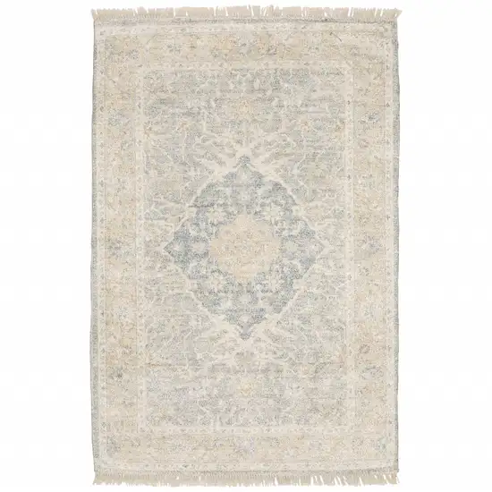 Grey And Beige Oriental Hand Loomed Stain Resistant Area Rug With Fringe Photo 1