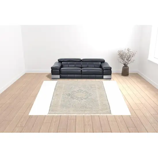 Grey And Beige Oriental Hand Loomed Stain Resistant Area Rug With Fringe Photo 2