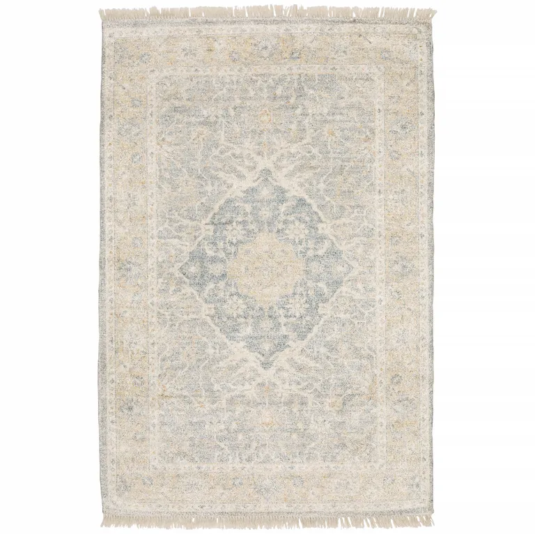 Grey And Beige Oriental Hand Loomed Stain Resistant Area Rug With Fringe Photo 1