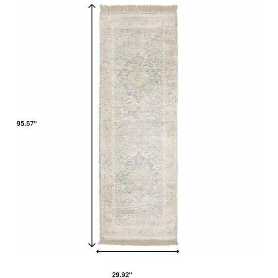 Grey And Beige Oriental Hand Loomed Stain Resistant Runner Rug With Fringe Photo 10