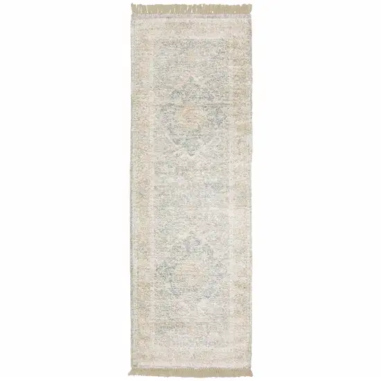 Grey And Beige Oriental Hand Loomed Stain Resistant Runner Rug With Fringe Photo 1