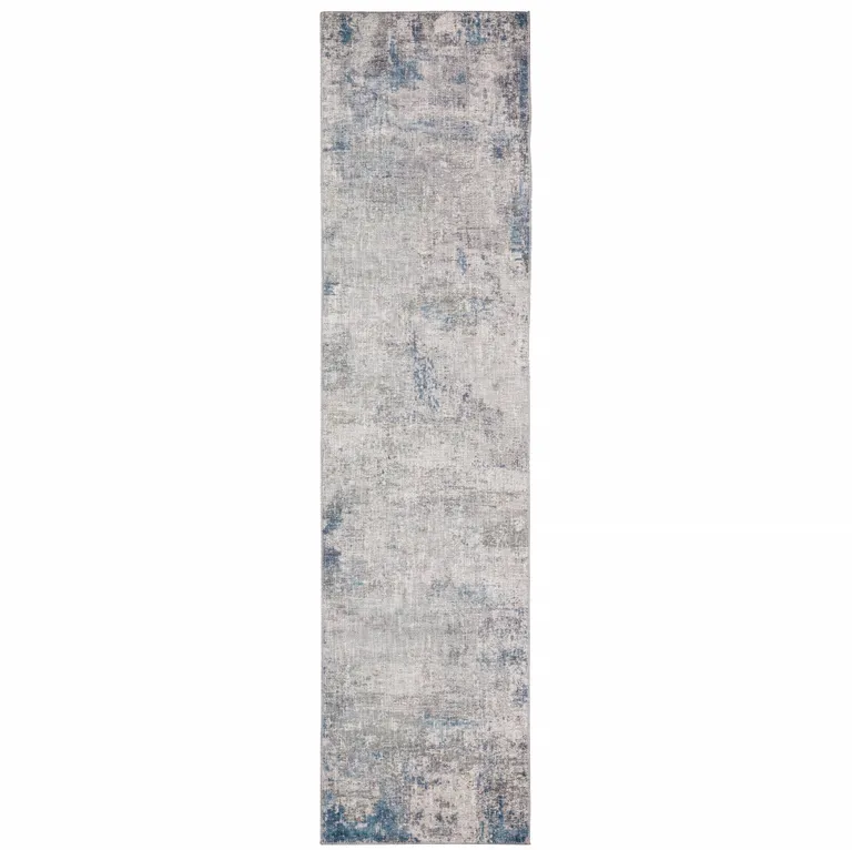 Grey And Blue Abstract Power Loom Stain Resistant Runner Rug Photo 1