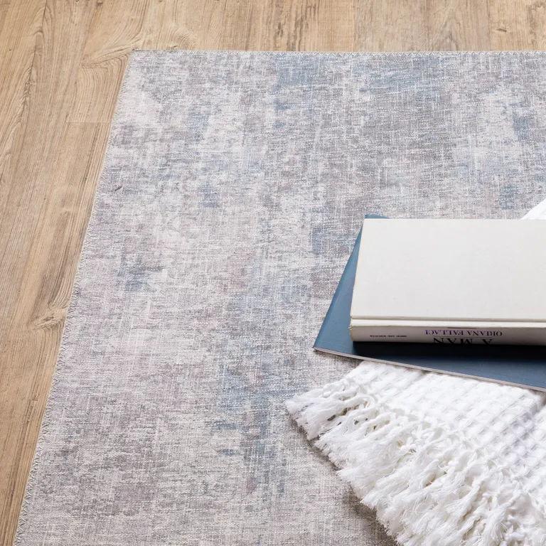 Grey And Blue Abstract Power Loom Stain Resistant Runner Rug Photo 5